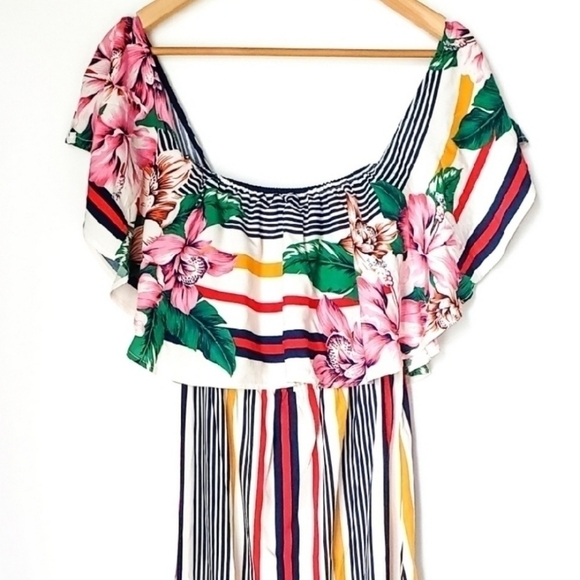 Flying Tomato Floral Stripe Multi Color Off The Shoulder Ruffled Maxi Dress - Picture 4 of 10